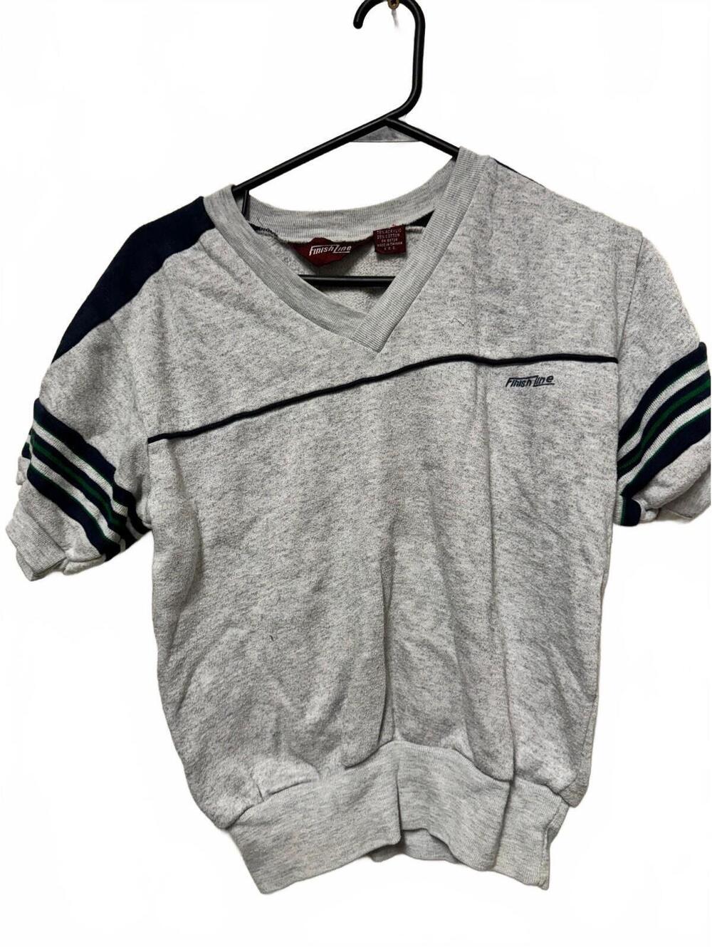 Vintage Finish Line V-Neck Short Sleeve Sweatshirt Gray Striped Small